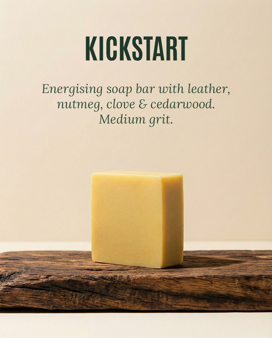 Kickstart natural soap brick for men — energising medium-grit bar with leather and cedarwood