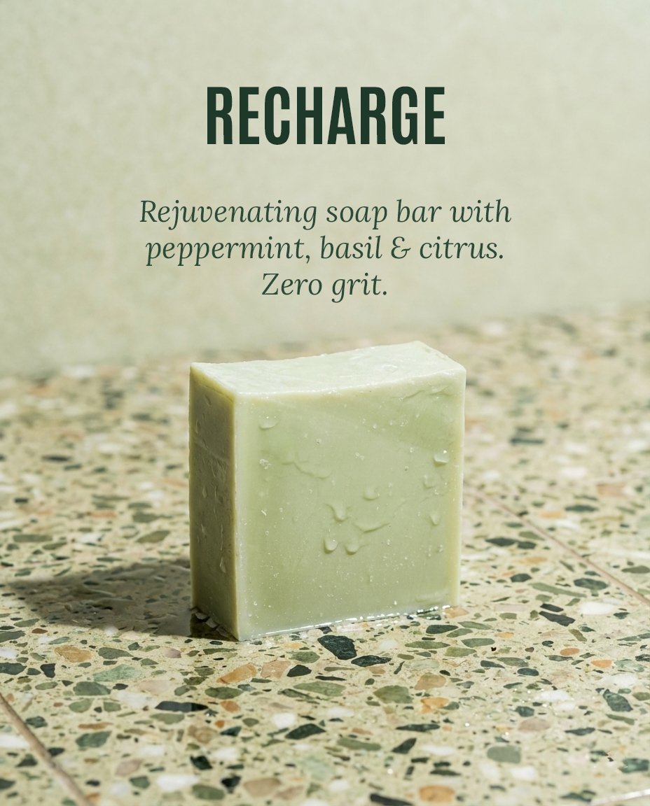 Recharge natural soap brick — smooth zero-grit bar for a clean finish