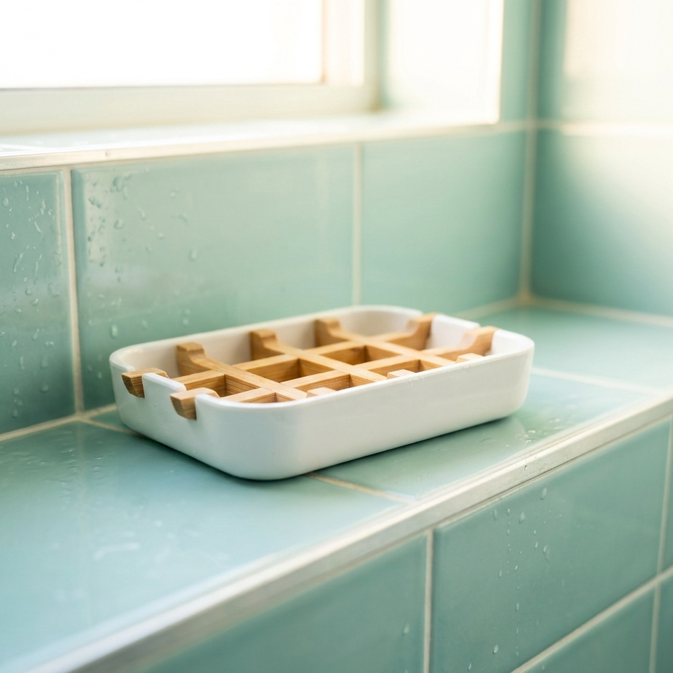 Recycled bamboo soap dish keeping a natural soap bar dry