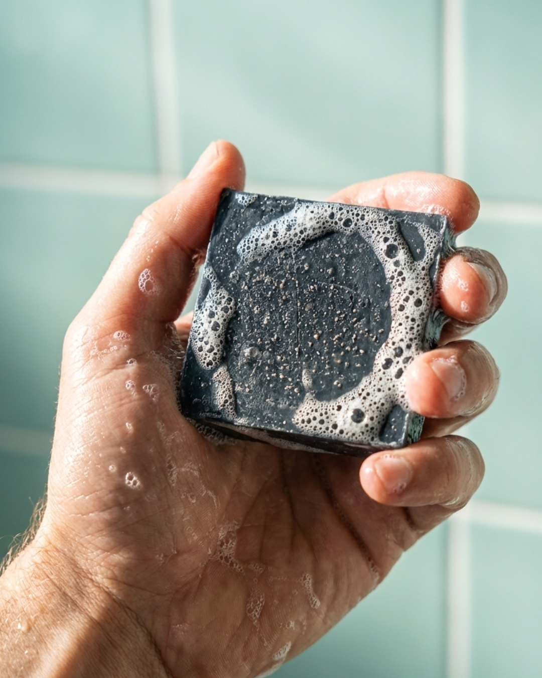 Larrikin soap brick on the bathroom bench — your morning win